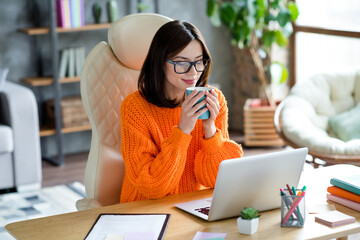 Poster - Portrait of adorable woman chief editor sit chair enjoy hot aromatic delicious tea beverage before start working day indoors workplace