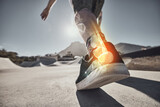 Muscle pain, injury and leg of a skater at a park for exercise, sports and urban cardio. Fitness, training and x ray lighting of the bone and anatomy in the foot of a person skating in the city