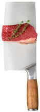 Piece Of Raw Beef Eye Of Round Steak On Butcher's Cleaver