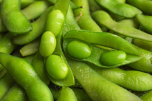 Many Green Edamame Beans In Pods As Background, Closeup