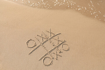 Canvas Print - Tic tac toe game drawn on sand near sea, top view. Space for text