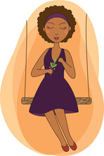 Dark-skinned Girl In A Purple Dress On A Swing. Vector Illustration