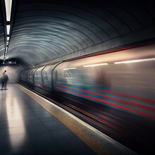 Subway Train At The Platform Blurred In Motion. Photorealistic Illustration Generated By Ai