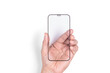The hand holds a protective screen for a mobile phone. White background. Close-up.