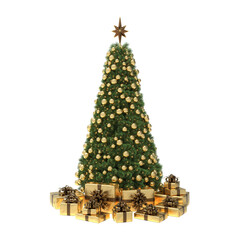 christmas tree with golden decorations and gifts, isolated on transparent background. suitable for a