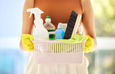 Poster - Cleaning, product and container with hands of woman for bacteria, safety and disinfection. Dust, protection and healthcare with cleaner and basket for chemicals, housekeeping and germs prevention