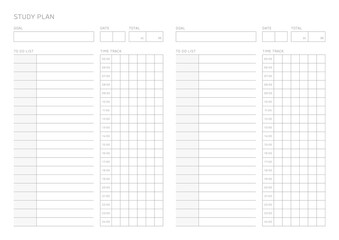 This is a simple, minimal style study plan design template. Note, scheduler, diary, calendar, planner document template illustration.