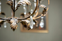 Close Up Detail Of Crystal Pendant Chandelier, Selective Focus, Blurred Background