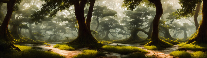 Canvas Print - Artistic concept illustration of a panoramic forest landscape, background illustration.