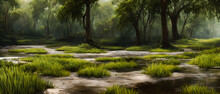 Artistic Concept Illustration Of A Panoramic Swamp Landscape, Background Illustration.