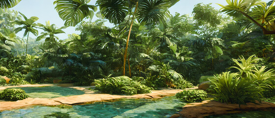 Wall Mural - Artistic concept illustration of a panoramic tropical jungle, background illustration.