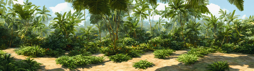 Sticker - Artistic concept illustration of a panoramic tropical jungle, background illustration.