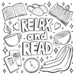 Relax and read a book black and white line art for a book lovers, designed for t-shirt print, coloring page, stickers