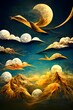 3d art mural wallpaper portrait, light background, colorful golden mountains, birds and moon and clouds in the sky