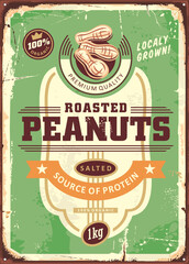 Wall Mural - Roasted peanuts retro advertising sign label design template on old scratched background. Vintage food poster layout for salted peanut snacks. Vector illustration for grocery product.