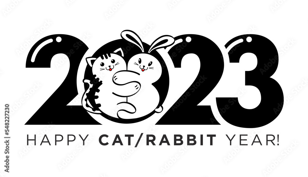 2023 chinese new year. Cartoon cute cat hugging rabbit. Vector on ...