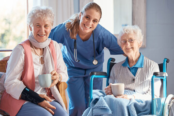 Nursing home, portrait and nurse with senior women after a healthcare checkup, exam or consultation. Happy, medical and caregiver or doctor standing with elderly friends in the retirement facility.