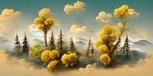 Brown Trees With Golden Flowers And Turquoise, Black And Gray Mountains In Light Yellow Background With White Clouds And Birds. 3d Illustration Wallpaper Landscape Art
