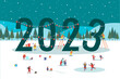 2023. New Year and Christmas. Winter landscape. People in park go sledding and skating, make snowman, hang garlands. Family holidays. Colored flat cartoon vector illustration horizontal banner