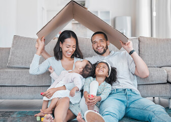 Poster - Family, children and insurance with a mother, father and daughter siblings in a living room of their home together. Security, safety and homeowner with parents holding cardboard to cover sister kids