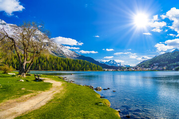 Wall Mural - Crystal blue Lake St. Moritz, Sankt Moritz, Maloja, Grisons, Swi