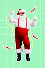 Poster - Vertical collage image of excited overjoyed santa claus arms hold pepper flying chili paprika dancing isolated on painted background