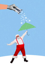 Poster - Vertical collage picture of arm hold pour snowflakes bucket mini santa hold umbrella isolated on drawing background