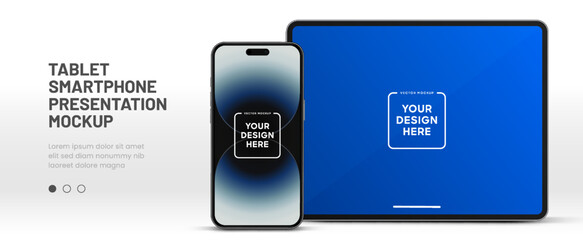 Modern laptop mockup front view and high quality smartphone and tablet mockup isolated on white background. Notebook mockup and phone device mockup for ui ux app and website presentation.Stock Vector.
