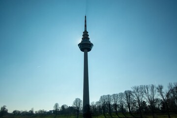 Sticker - Beautiful view of a high TV tower in blue sky background in Mannheim, Germany