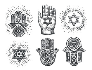 Set traditional Jewish Hamsa amulets, hand of Miriam, hand with six-pointed star of David. Vintage vector illustration