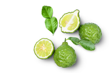 Poster - Bergamot fruit with seeds and green leaf isolated on white background. Top view. Flat lay.