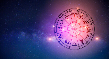 zodiac signs inside of horoscope circle. astrology in the sky with many stars and moons astrology an