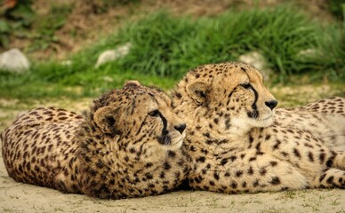 Cheetahs lying on the ground in the zoo and looking aside