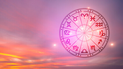 zodiac signs inside of horoscope circle. astrology in the sky with many stars and moons astrology an