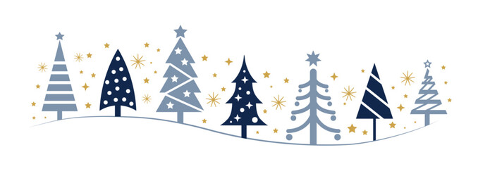 collection of blue christmas trees and golden stars in different design - vector illustration