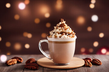 Christmas Maple Pecan Latte on wooden table . Against the background of a blurred Christmas cozy frost window with light bulbs. Blurred background. New Year mood.