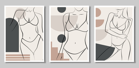 Wall Mural - A set of three paintings. Abstract drawing with a female face, silhouette, elements of simple geometric shapes, in a linear drawing. Abstract. A woman's body.