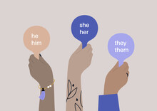 Hands Holding Pads With Pronoun Variations, Gender Equality, Pride Month