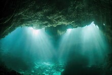 Underwater Cave With Stalactites And Stalagmites In Blue Sea
