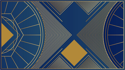 Wall Mural - Art deco geometric gold and blue pattern background. Art deco line border. Modern gold frames, decorative lines borders and geometric golden label frame. Vintage antique elegant vector design