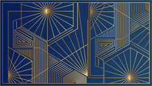 Art Deco Geometric Gold And Blue Pattern Background. Art Deco Line Border. Modern Gold Frames, Decorative Lines Borders And Geometric Golden Label Frame. Vintage Antique Elegant Vector Design
