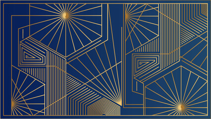 Art deco geometric gold and blue pattern background. Art deco line border. Modern gold frames, decorative lines borders and geometric golden label frame. Vintage antique elegant vector design
