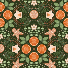 Christmas symmetry seamless pattern with winter food, botanical and spices