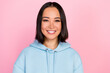 Photo of cheerful cute nice lady toothy bright smile wear blue sweater satisfied beauty procedure isolated on pink color background