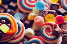 Closeup View Of Colorful Candy And Sweets, Chocolate, Gummy, Jelly, Sugar
