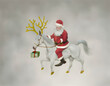 Santa Claus is riding on a tiny horse that pretends to be a reindeer.