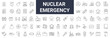 Set with 68 icons related to how to be prepared for a nuclear explosion. Collection of editable stroke line icons. War, strike, radiation, surviving, equipment.