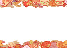 Background Pattern Abstract Design Texture. American Food And Seafood. Horizontal Seamless Stripes. Border Frame, Transparent Background. Theme Is About Royal, Lobster, Sausage, Squid, Cut