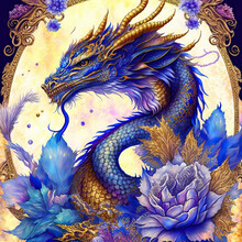 Chinese Golden And Blue Dragon Illustration, Surrounded With Ornamental Flowers, Watercolor 