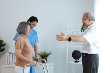 Wall Mural - Portrait of happy senior couple with wife embracing husband, nurse doctor senior care caregiver help assistance retirement at home nursing, or hugging after sick in hospital